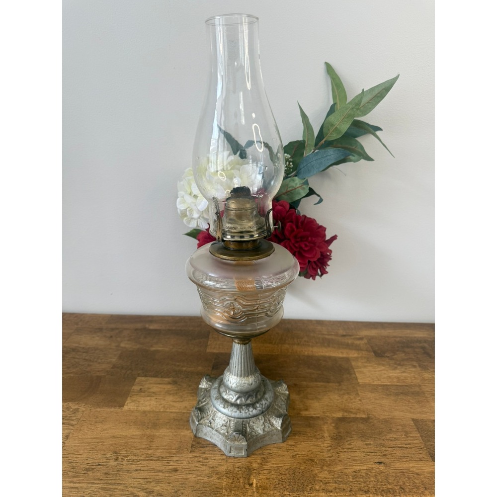 Antique‎ Uranium Glass Oil Lamp Pressed Glass Kerosene Lamp Green Glow Vintage